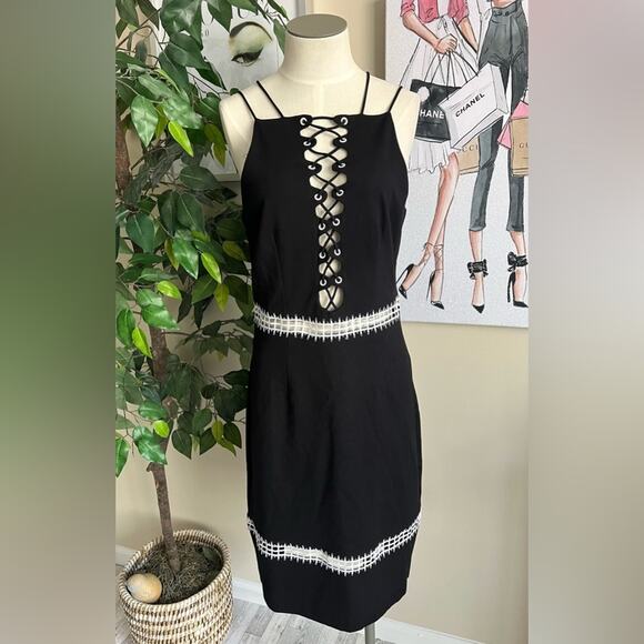Venus Womens Black & White Criss Cross Strappy Cut Out Sheath Dress Size 10 - Picture 2 of 8